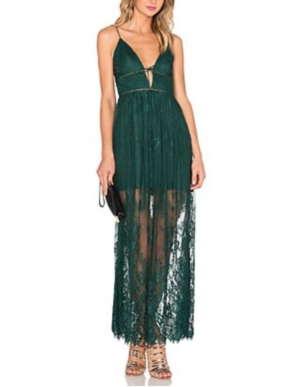 NBD Green X By Stella Revolve Sheer Lace Maxi Cocktail Dress Hunter Green Size 2
